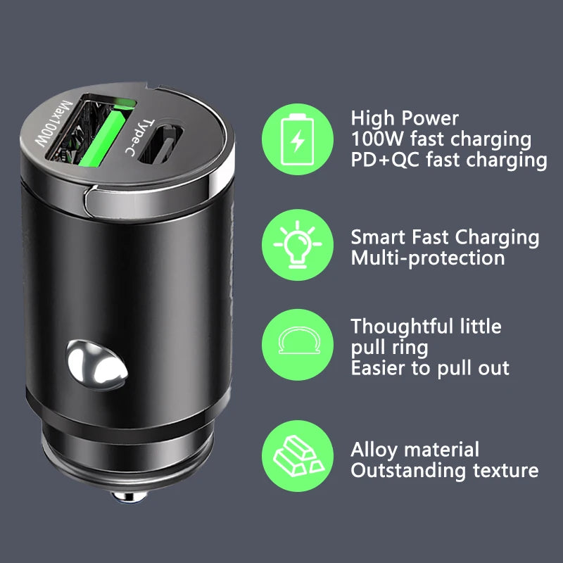 100W Mini Car Charger Lighter Fast Charging for iPhone QC3.0 Mini PD USB Type C Car Phone Charger for Xiaomi Samsung Huawei - Image 7