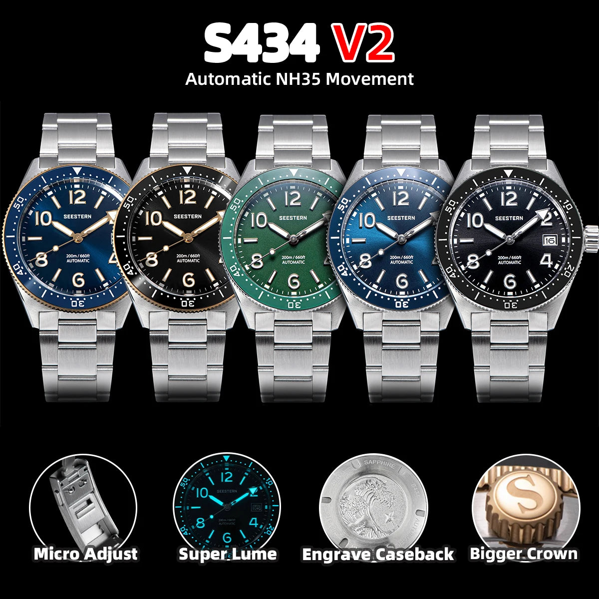 S434 Diver Watch Men Automatic NH35A Movement BGW9 Luminous Mechanical Wristwatches 20ATM Waterproof Sapphire Deployment Buckle - Image 4