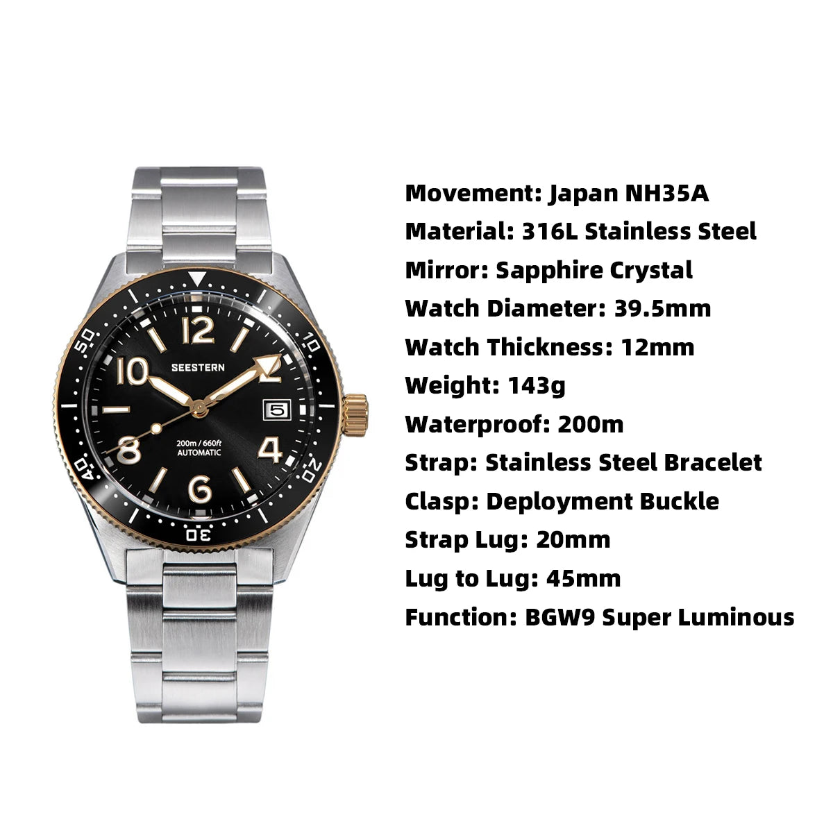 S434 Diver Watch Men Automatic NH35A Movement BGW9 Luminous Mechanical Wristwatches 20ATM Waterproof Sapphire Deployment Buckle - Image 8